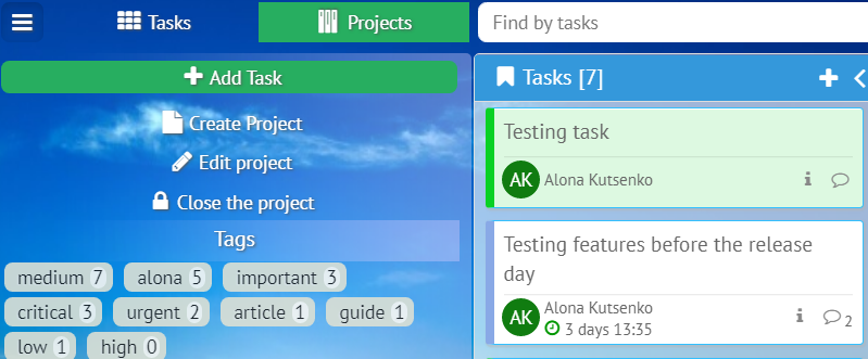 Kanban project task MyChat