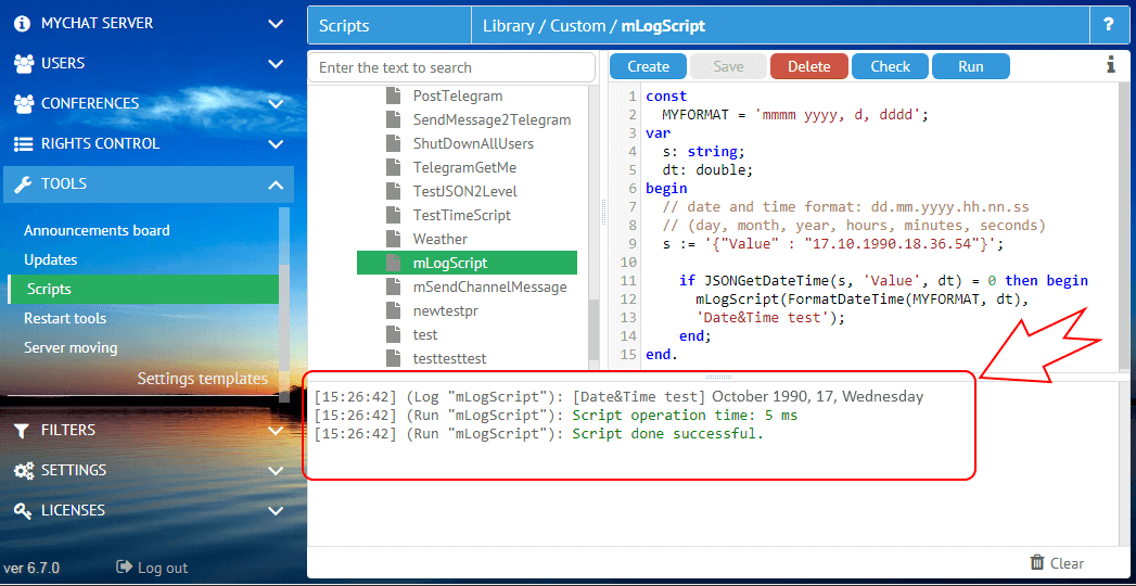Message console in MyChat script editor