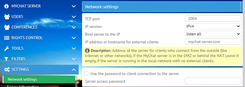 MyChat network settings on the server